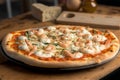 Delicious homemade whole shrimp pizza on a rustic wooden table. AI generated. Selective focus