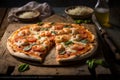 Delicious homemade whole shrimp pizza on a rustic wooden table. AI generated. Selective focus