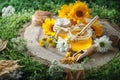 Delicious honey and fresh pollen of flowers on a wooden table. Selective focus.