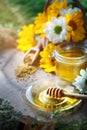 Delicious honey and fresh pollen of flowers on a wooden table. Selective focus.