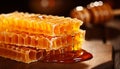 Delicious honey and intricate honeycomb pattern on a sophisticated and contemporary background