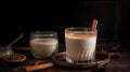 Delicious Horchata with cinnamon in the top. Rice water.Valencian Horchata made with rice, milk and cinnamon topping.Generative ai