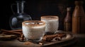 Delicious Horchata with cinnamon in the top. Valencian Horchata made with rice, milk and cinnamon topping. Generative ai