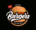 Delicious hot burgers vector logo with lettering. Fast food . Vector