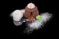 Delicious hot chocolate Souffle with vanilla ice cream and sugar powder. Classic French dessert. Royalty Free Stock Photo