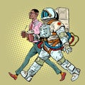 Delicious and hot coffee for everyone. Delivery throughout the universe. A male office worker and an astronaut walk