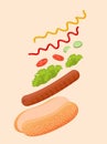 Delicious hot dog with flying ingredients like sesame seed bun, meat sausage, lettuce, tomato, cucumber, ketchup and