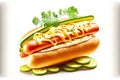 delicious hot dog with juicy sausage in mustard sauce and cucumber isolated on white background Royalty Free Stock Photo