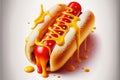 Delicious hot dog with mustard and ketchup, top view isolated on a white background. Generative AI Royalty Free Stock Photo