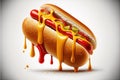 Delicious hot dog with mustard and ketchup, top view isolated on a white background. Generative AI Royalty Free Stock Photo