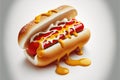 Delicious hot dog with mustard and ketchup, top view isolated on a white background. Generative AI Royalty Free Stock Photo