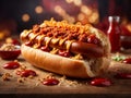 Delicious hot dog sandwich is a classic comfort food, grilled or steamed hot dog toasted bun