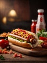 Delicious hot dog sandwich is a classic comfort food, grilled or steamed hot dog toasted bun