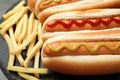 Delicious hot dogs and french fries on slate plate Royalty Free Stock Photo