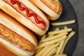 Delicious hot dogs and french fries on slate plate Royalty Free Stock Photo