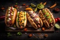 Delicious hot dogs with mustard, ketchup and mayonnaise