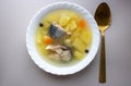 Delicious hot fish soup from sea fish in a white plate on a gray table Royalty Free Stock Photo