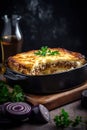 Delicious hot Greek Moussaka dish. Dark food photography style