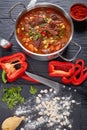 Hot beef goulas in a pot Royalty Free Stock Photo