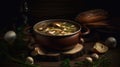 Delicious hot porcini soup in copper pan. Tasty seasonal autumn meal. Fresh mashrooms illustrate ingredients. Generative ai.