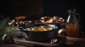 Delicious hot porcini soup in copper pan. Tasty seasonal autumn meal. Fresh mashrooms illustrate ingredients. Concept of homemade