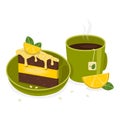 Delicious hot tea and a plate with a delicate chocolate-lemon slice of cake.