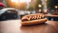 Delicious hotdog. Fresh appetizing hotdog on a table in a street cafe. Selective focus. AI generated