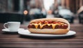 Delicious hotdog. Fresh hotdog on a table in a street cafe. Selective focus. AI generated