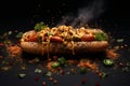 Delicious Hotdog or Sausage Sandwich Ad with Flying Ingredients, Conveying Excitement and Indulgence
