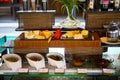 Delicious hotel restaurant allinclusive buffet with tasty food. Cheese plate