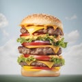 Delicious huge burger with triple meat in front of sky background. An over-sized towering triple hamburger. Monster cheeseburger