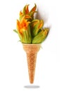 Delicious ice cream cone with pumpkin flowers taste Royalty Free Stock Photo