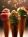 Delicious ice cream cones with toppings and sprinkles