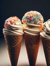 Delicious ice cream cones with toppings and sprinkles