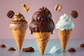 Delicious ice cream in crispy cones with chocolate falling on a pastel background Royalty Free Stock Photo