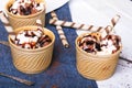 Delicious ice cream in a cup with chocolate sauce cream rolls Royalty Free Stock Photo