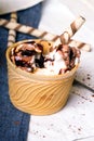 Delicious ice cream in a cup with chocolate sauce Royalty Free Stock Photo