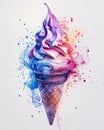 a delicious ice cream, floating in the air, cone with assorted flavours, scattered ice cream sprinkles, blurred background, summer Royalty Free Stock Photo