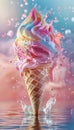 a delicious ice cream, floating in the air, cone with assorted flavours, scattered ice cream sprinkles, blurred background, summer Royalty Free Stock Photo