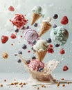 a delicious ice cream, floating in the air, cone with assorted flavours, scattered ice cream sprinkles, blurred background, summer Royalty Free Stock Photo