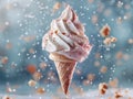 a delicious ice cream, floating in the air, cone with assorted flavours, scattered ice cream sprinkles, blurred background, summer Royalty Free Stock Photo