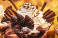 Delicious ice cream with fruits, chocolate, nuts in glass bowl. Close up