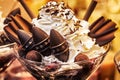 Delicious  ice cream with fruits, chocolate, nuts in glass bowl. Close up Royalty Free Stock Photo