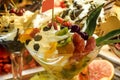 Delicious  ice cream with fruits, chocolate, nuts in glass bowl. Close up Royalty Free Stock Photo