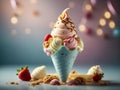 Delicious ice cream gelato in waffle cone, studio lighting and background