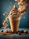 Delicious ice cream gelato in waffle cone, studio lighting and background