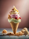 Delicious ice cream gelato in waffle cone, studio lighting and background