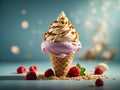 Delicious ice cream gelato in waffle cone, studio lighting and background