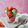 Delicious ice cream with mint, strawberry chocolate creamy cool menu traditional closeup