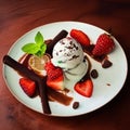 Delicious ice cream with mint, strawberry chocolate creamy cool sweet traditional closeup